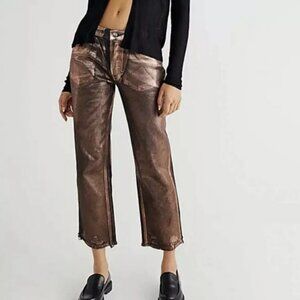 Free People Maggie Mid-Rise Straight Leg Mocha Brown Metallic Jeans 28